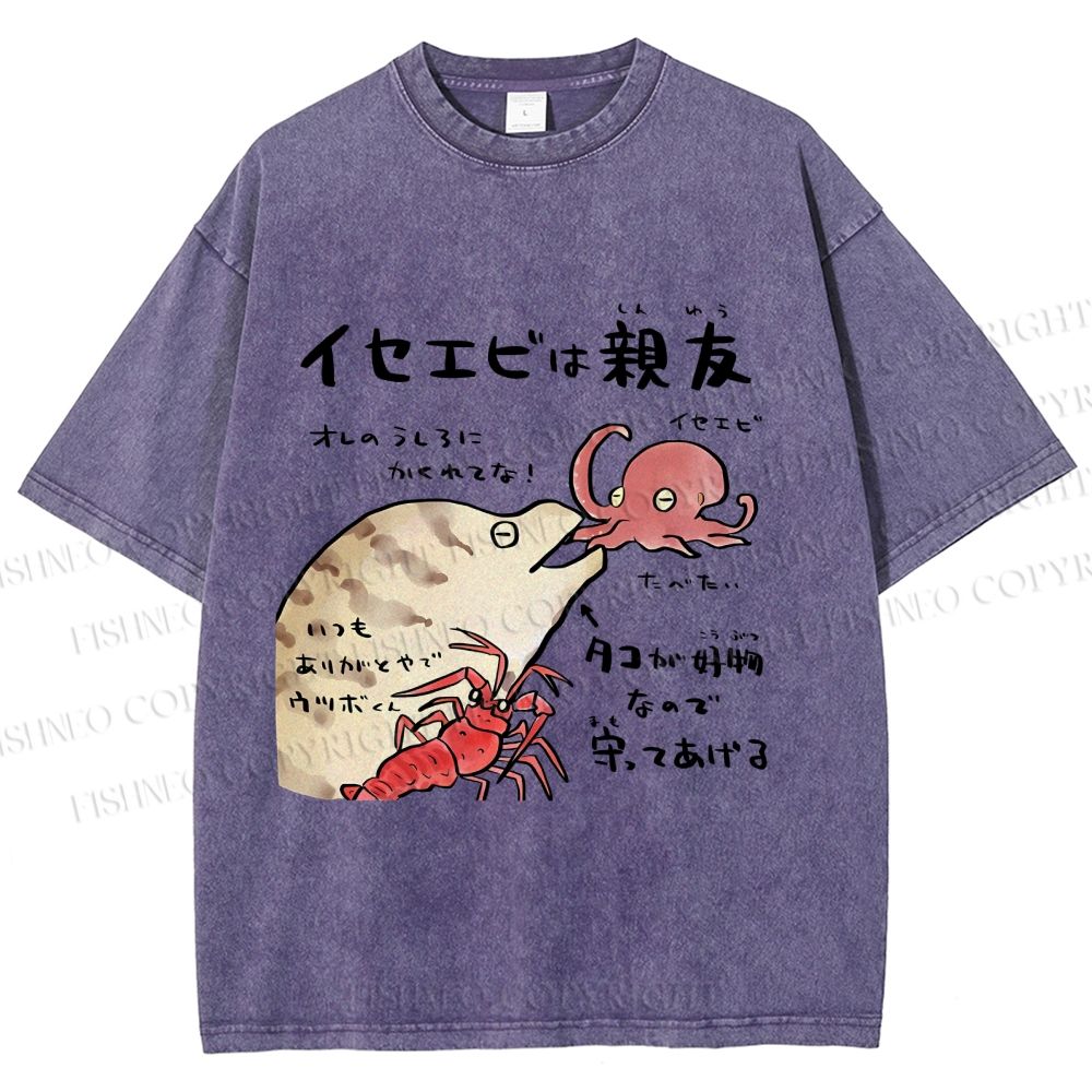 Unisex Japanese Art Octopus Printed Washed Tee