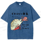 Unisex Japanese Art Octopus Printed Washed Tee