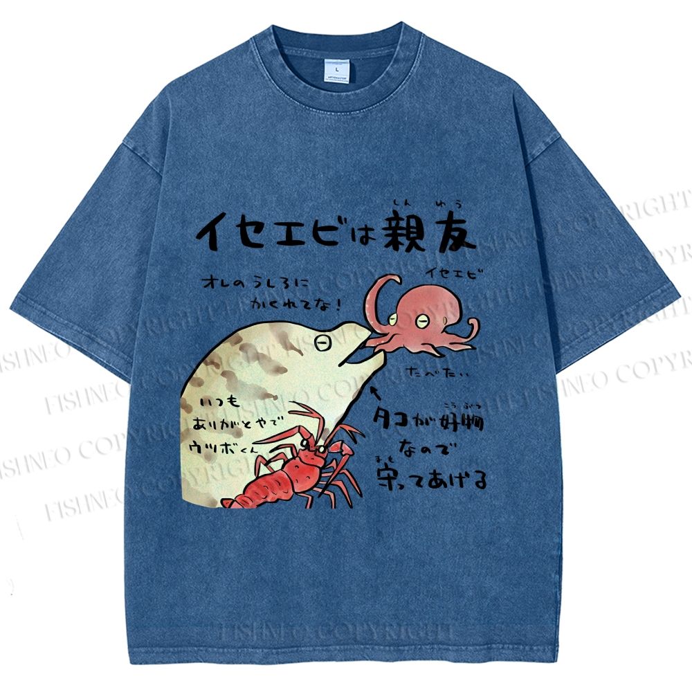 Unisex Japanese Art Octopus Printed Washed Tee