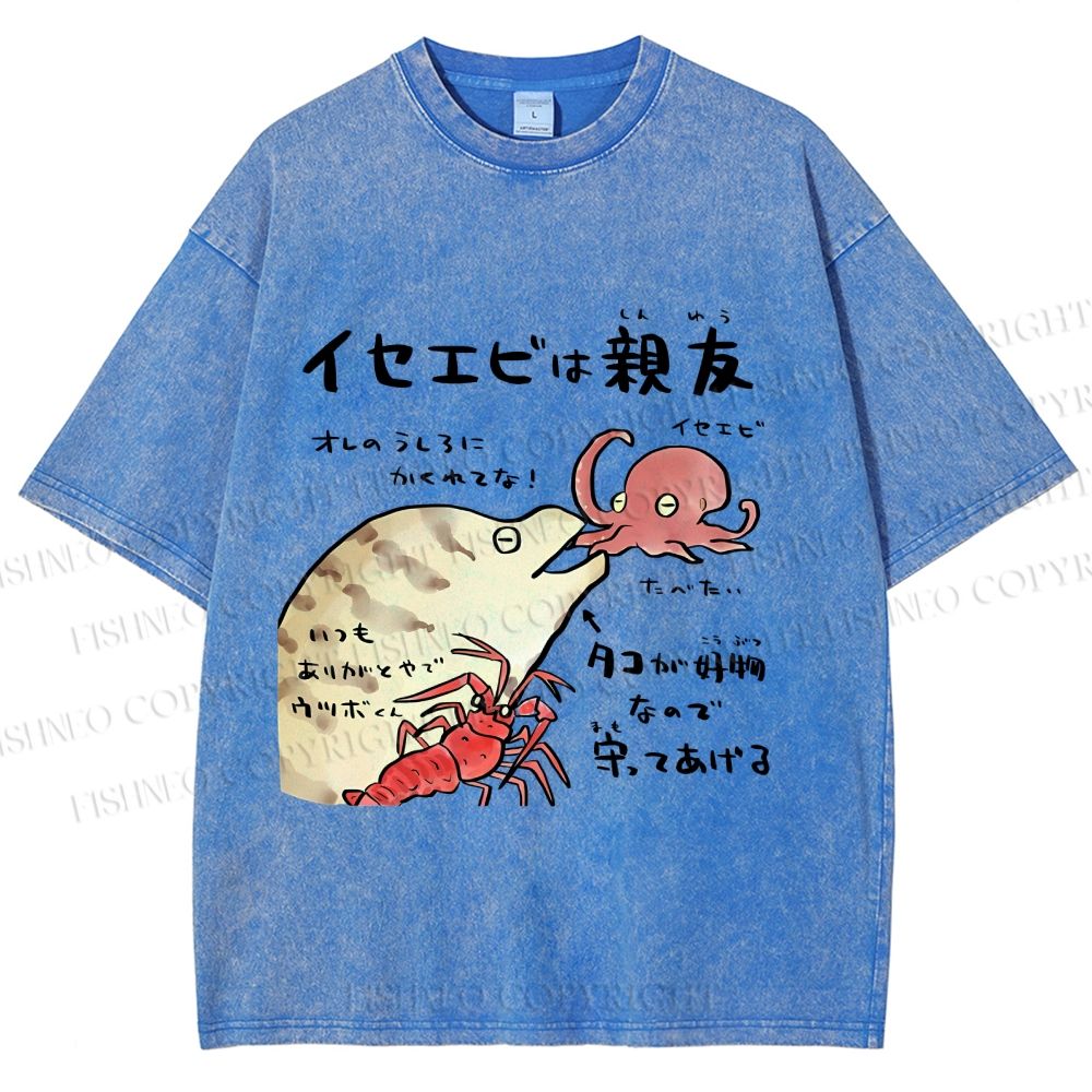 Unisex Japanese Art Octopus Printed Washed Tee