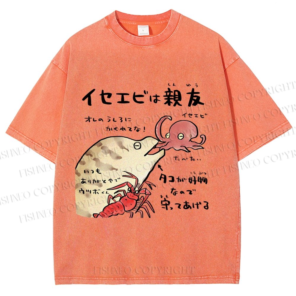 Unisex Japanese Art Octopus Printed Washed Tee