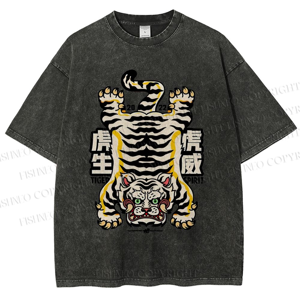 Unisex Vintage Strong Tiger Printed Washed Tee