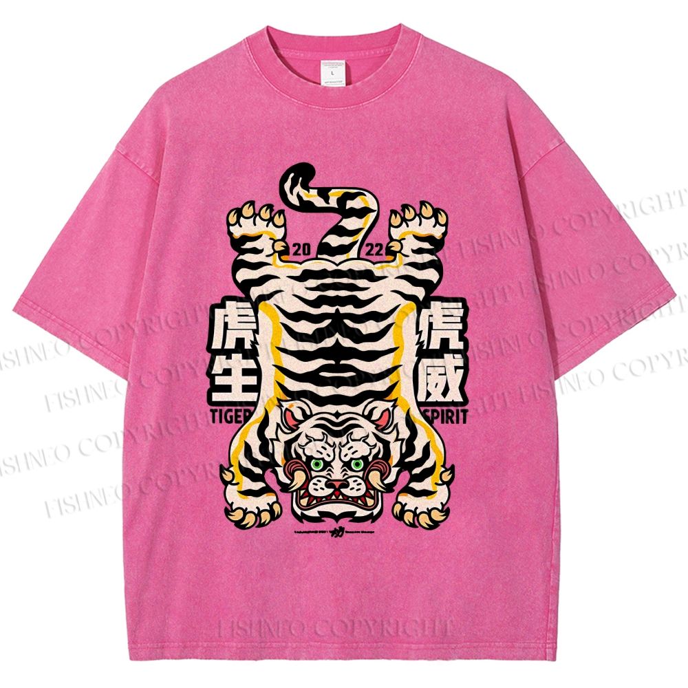 Unisex Vintage Strong Tiger Printed Washed Tee