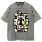 Unisex Vintage Strong Tiger Printed Washed Tee