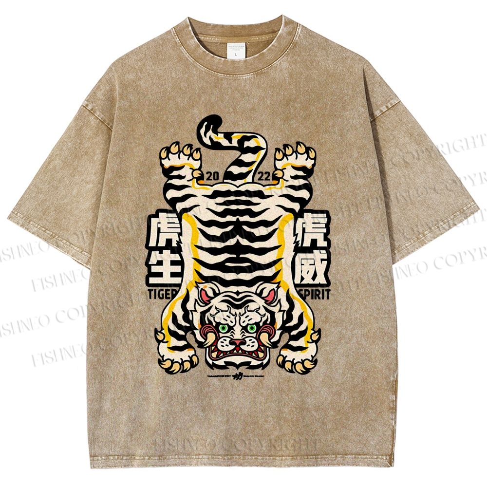 Unisex Vintage Strong Tiger Printed Washed Tee