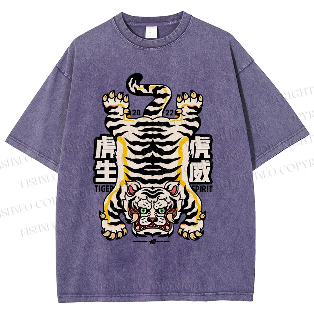 Unisex Vintage Strong Tiger Printed Washed Tee