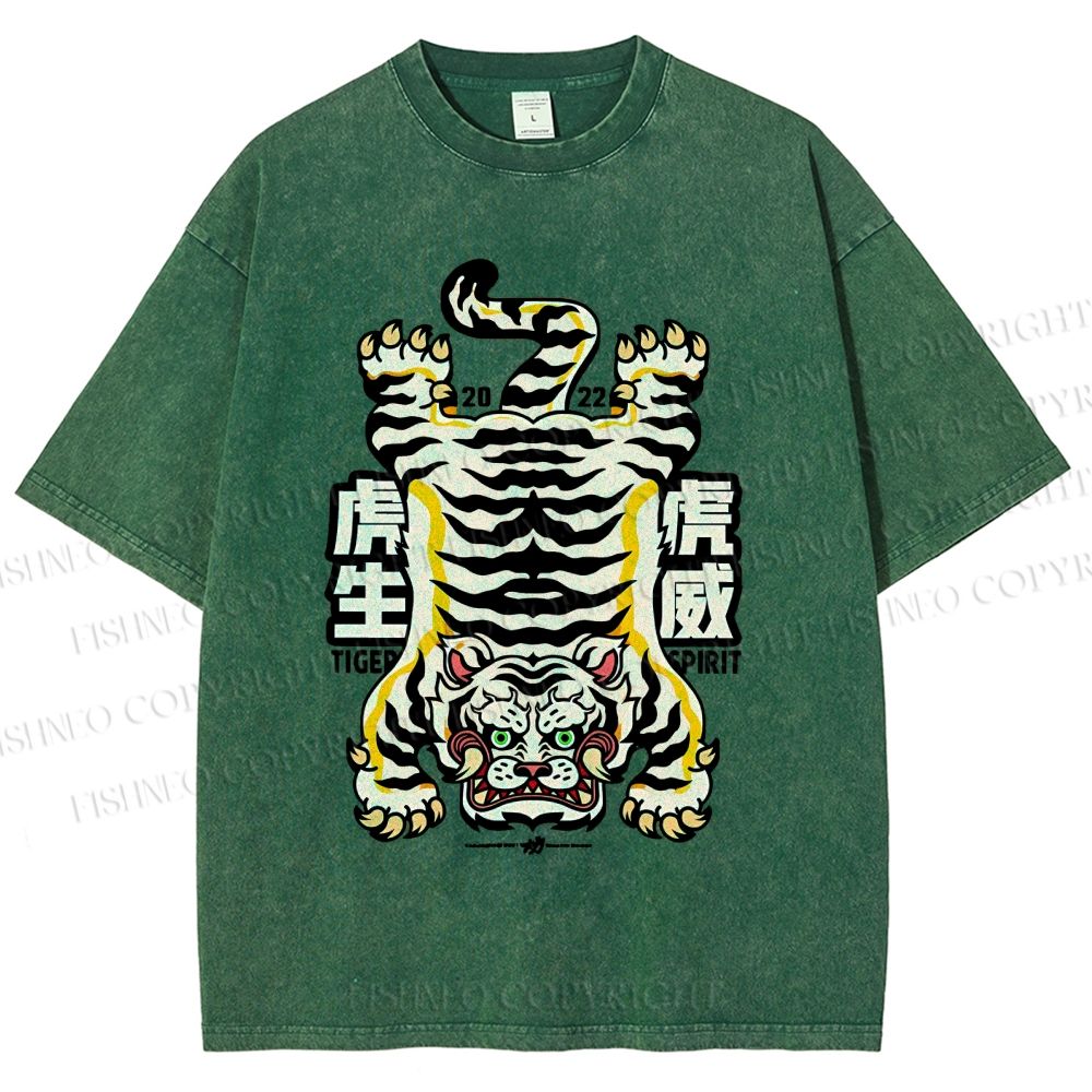Unisex Vintage Strong Tiger Printed Washed Tee