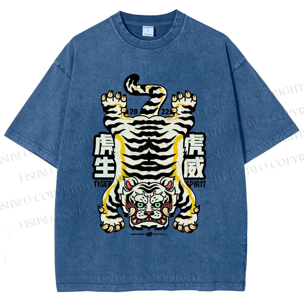 Unisex Vintage Strong Tiger Printed Washed Tee