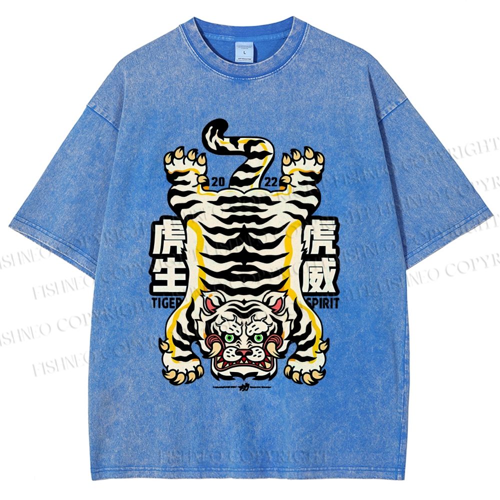 Unisex Vintage Strong Tiger Printed Washed Tee