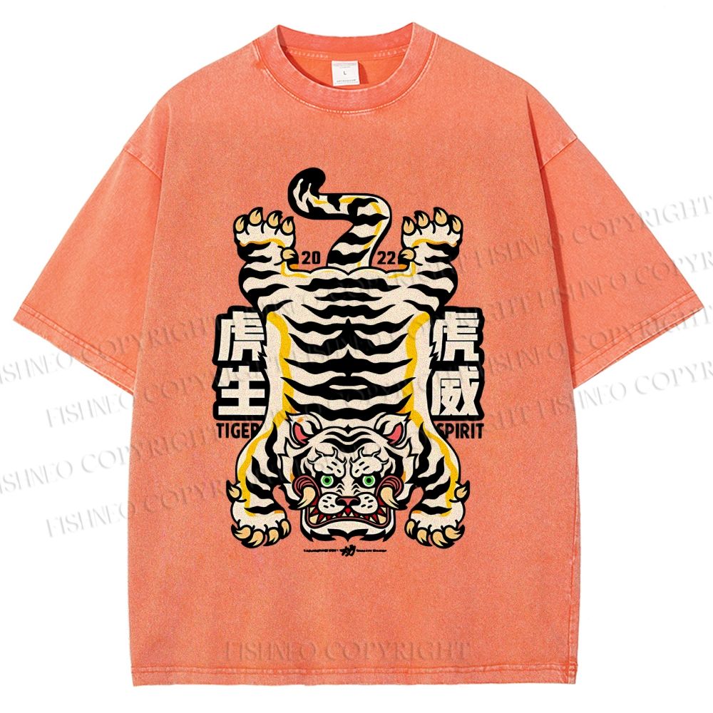 Unisex Vintage Strong Tiger Printed Washed Tee