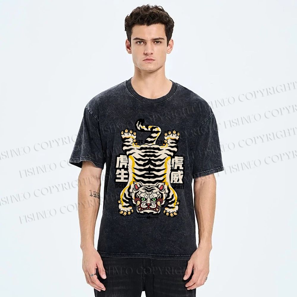 Unisex Vintage Strong Tiger Printed Washed Tee