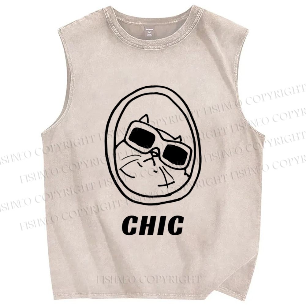 Unisex Chic Cat In Mirror Printed Washed Tank Top