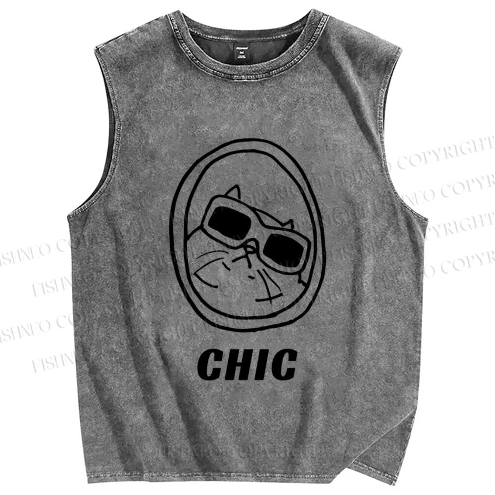 Unisex Chic Cat In Mirror Printed Washed Tank Top