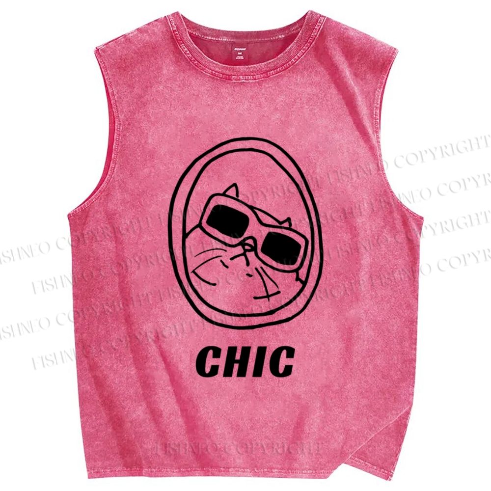 Unisex Chic Cat In Mirror Printed Washed Tank Top