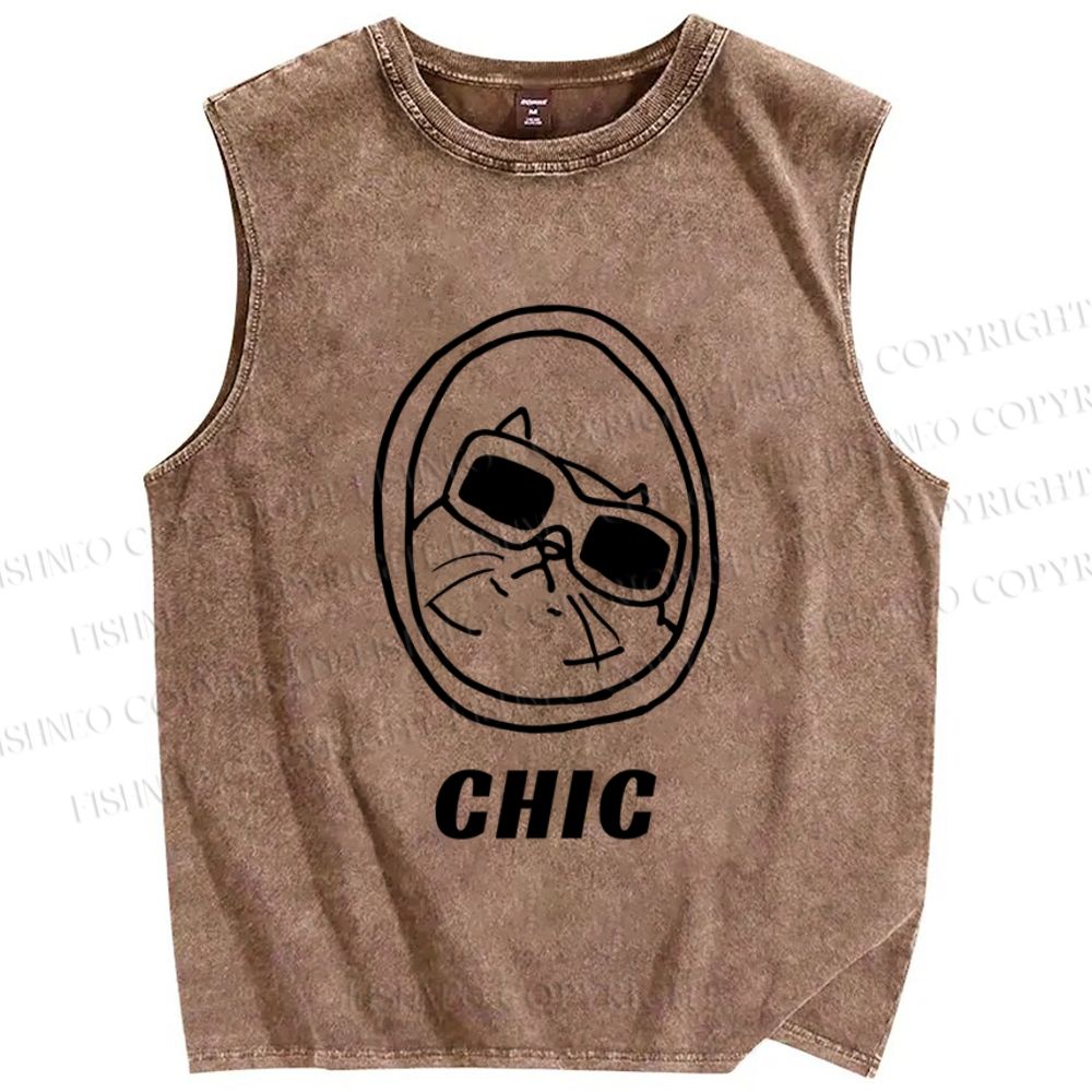 Unisex Chic Cat In Mirror Printed Washed Tank Top