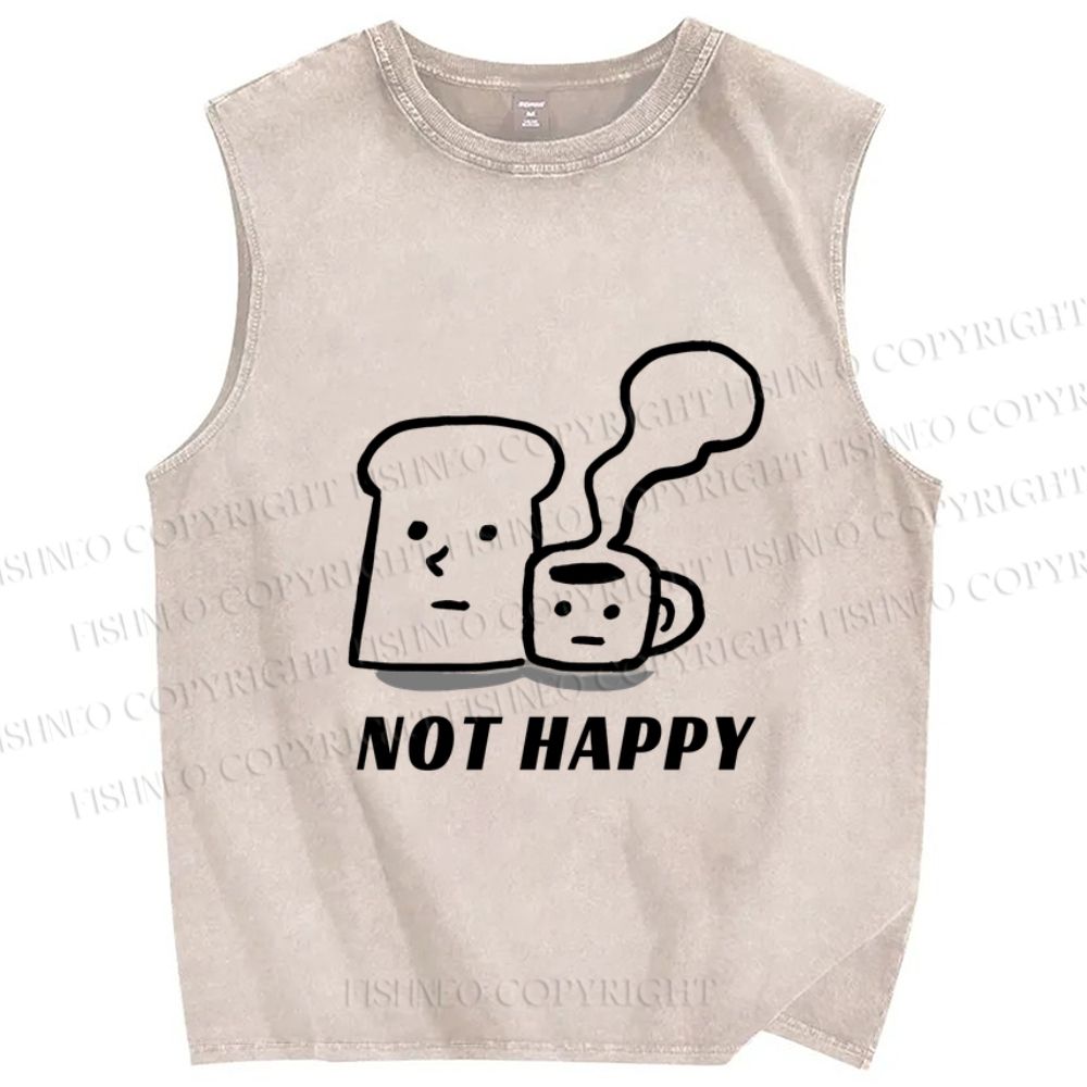 Unisex Brunch Bread Coffee Not Happy Printed Washed Tank Top