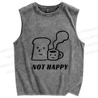 Unisex Brunch Bread Coffee Not Happy Printed Washed Tank Top