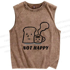 Unisex Brunch Bread Coffee Not Happy Printed Washed Tank Top