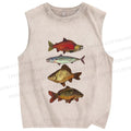 Unisex Vintage Fish Printed Washed Tank Top
