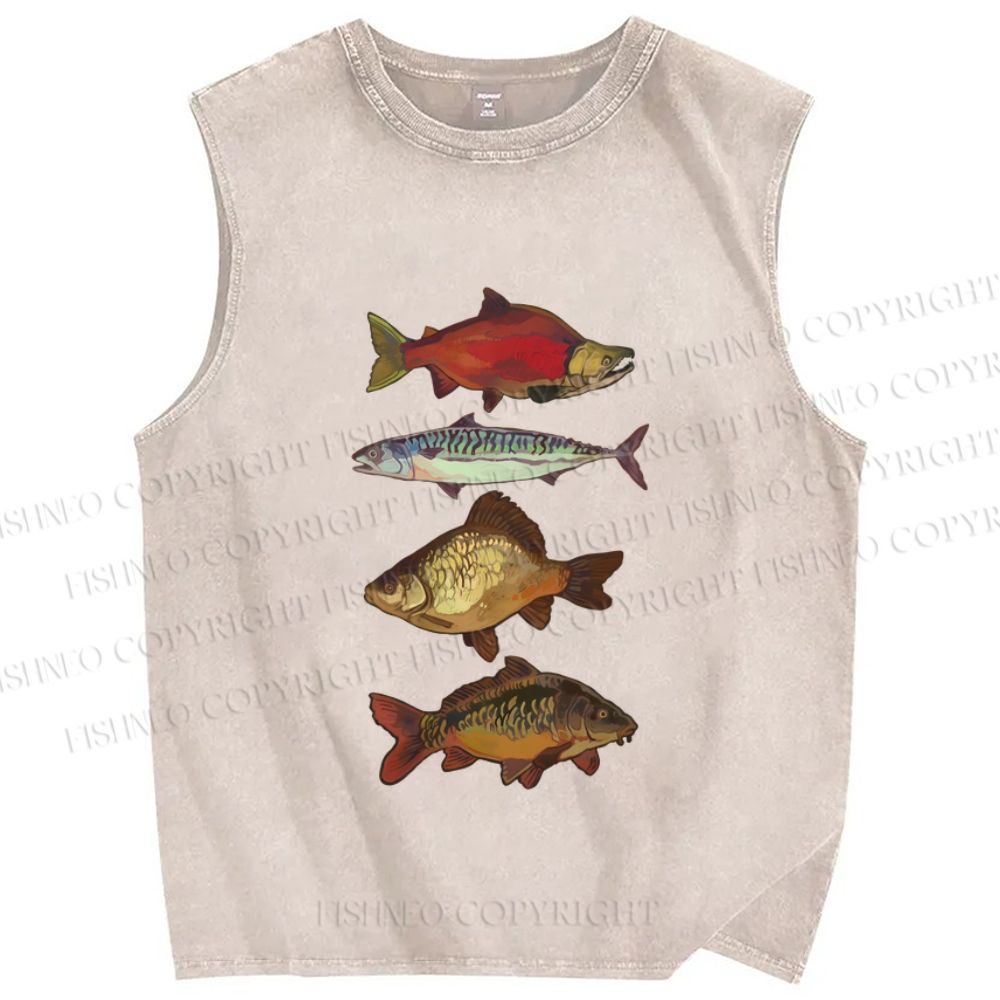 Unisex Vintage Fish Printed Washed Tank Top