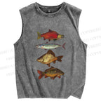 Unisex Vintage Fish Printed Washed Tank Top