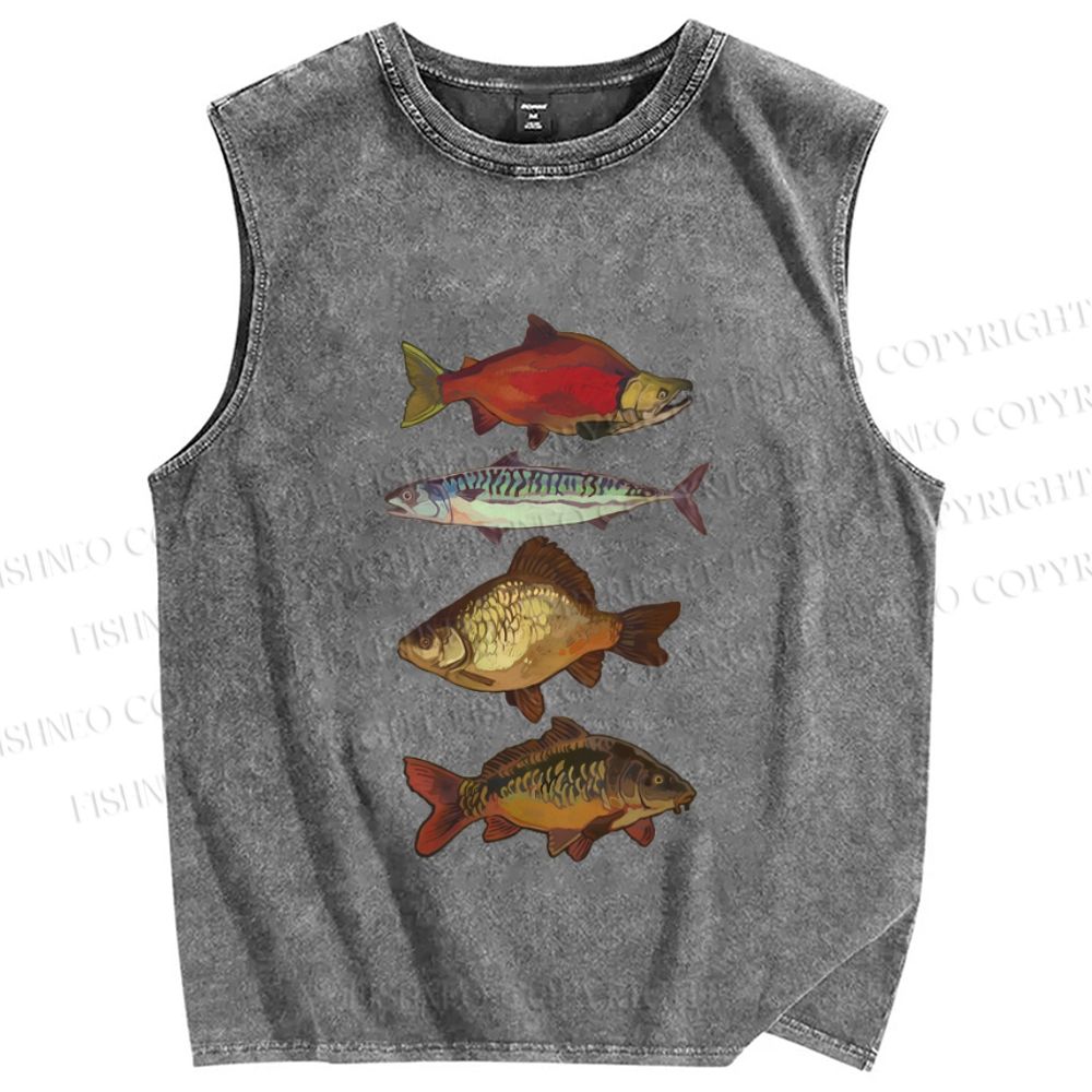 Unisex Vintage Fish Printed Washed Tank Top