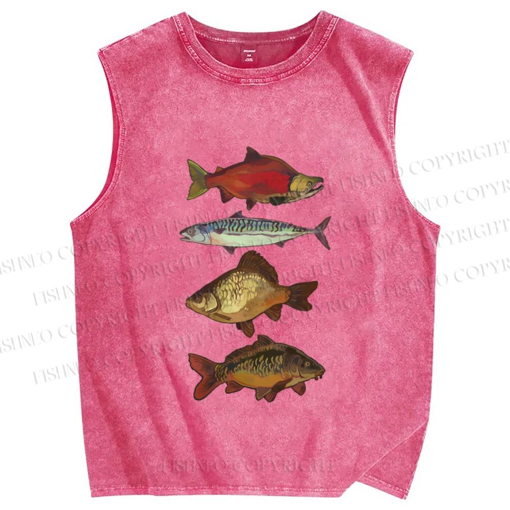 Unisex Vintage Fish Printed Washed Tank Top