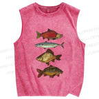 Unisex Vintage Fish Printed Washed Tank Top