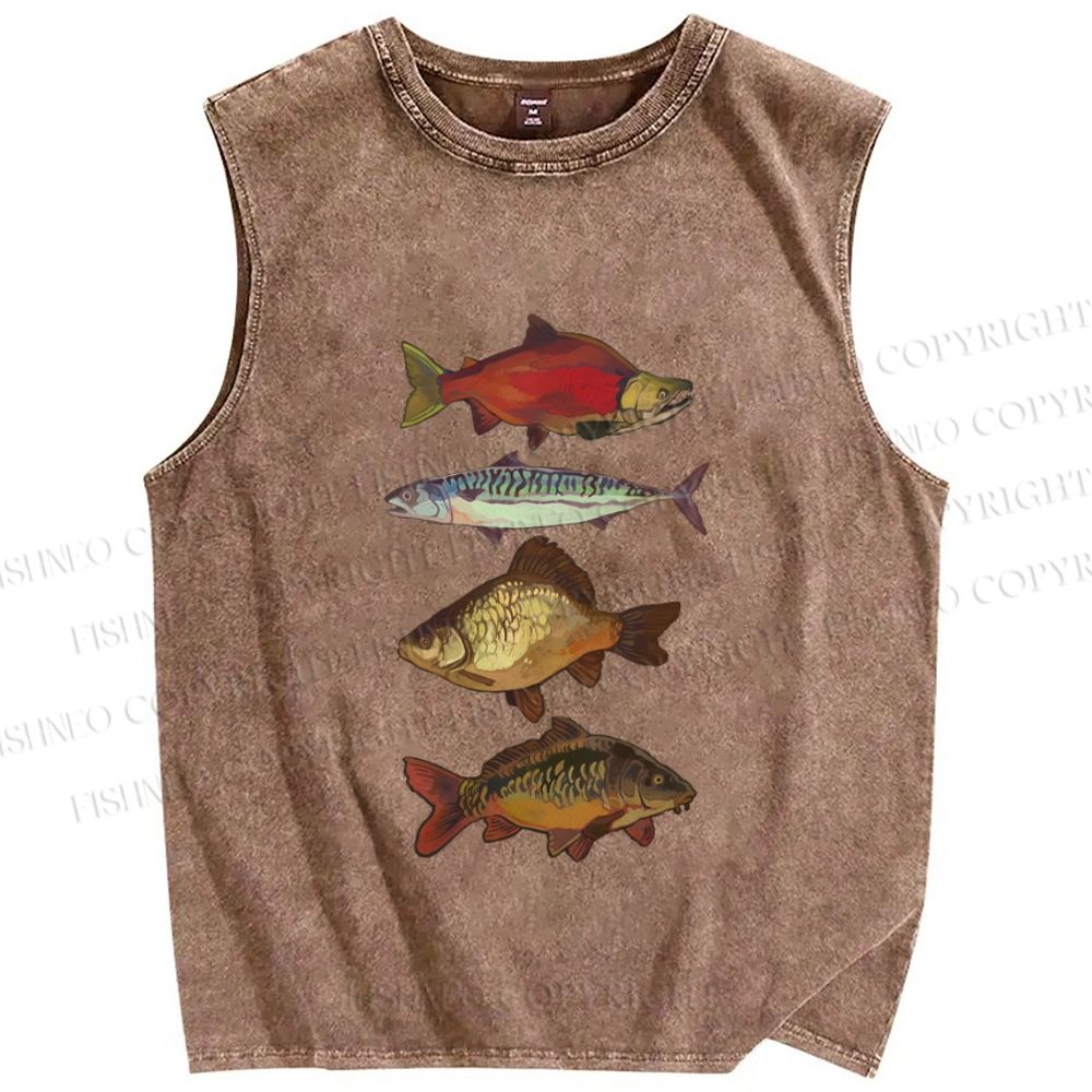 Unisex Vintage Fish Printed Washed Tank Top