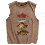 Unisex Vintage Fish Printed Washed Tank Top