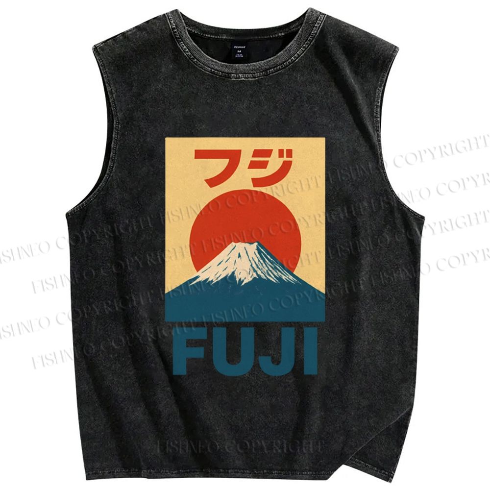 Unisex Vintage Japanese Mount Fuji Printed Washed Tank Top