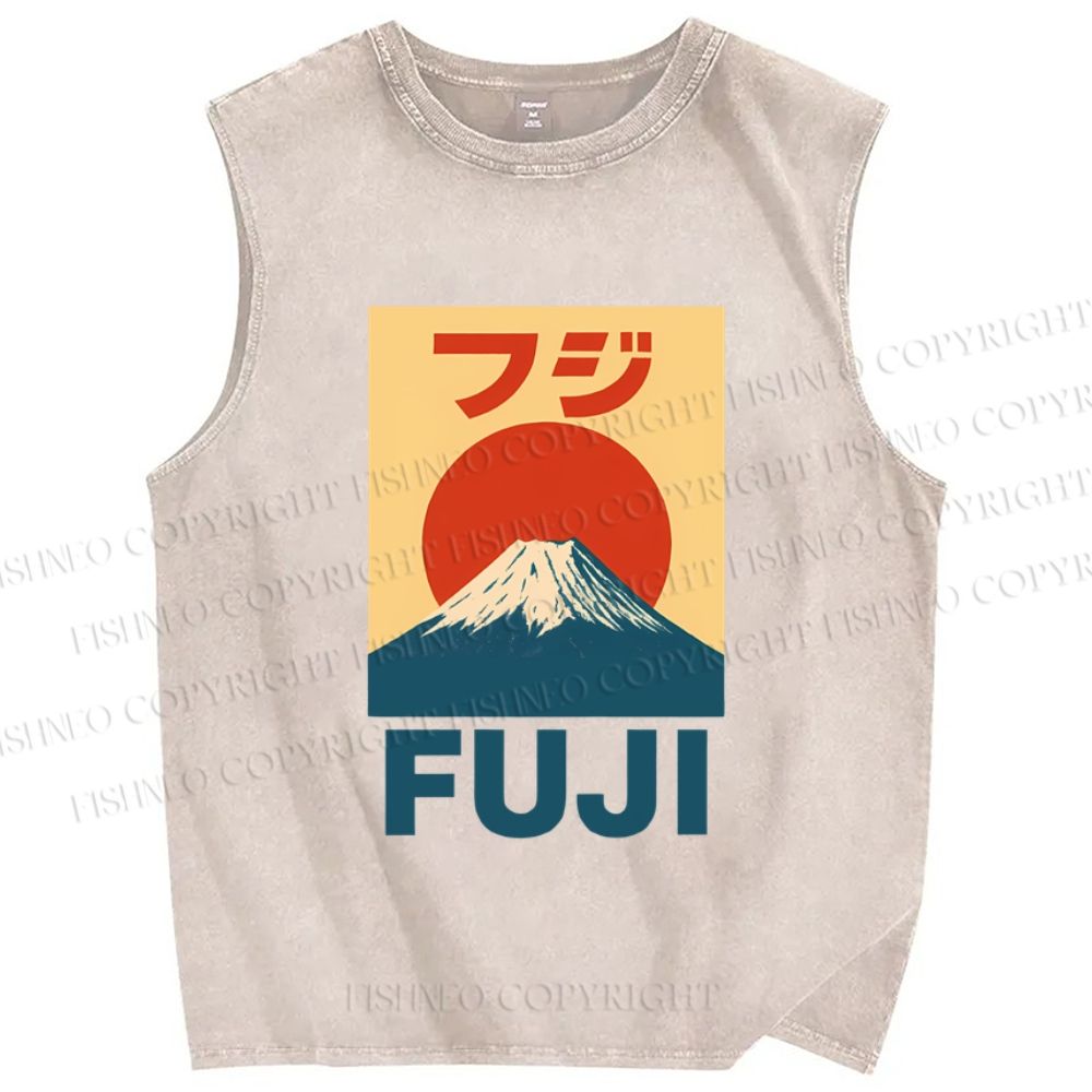 Unisex Vintage Japanese Mount Fuji Printed Washed Tank Top