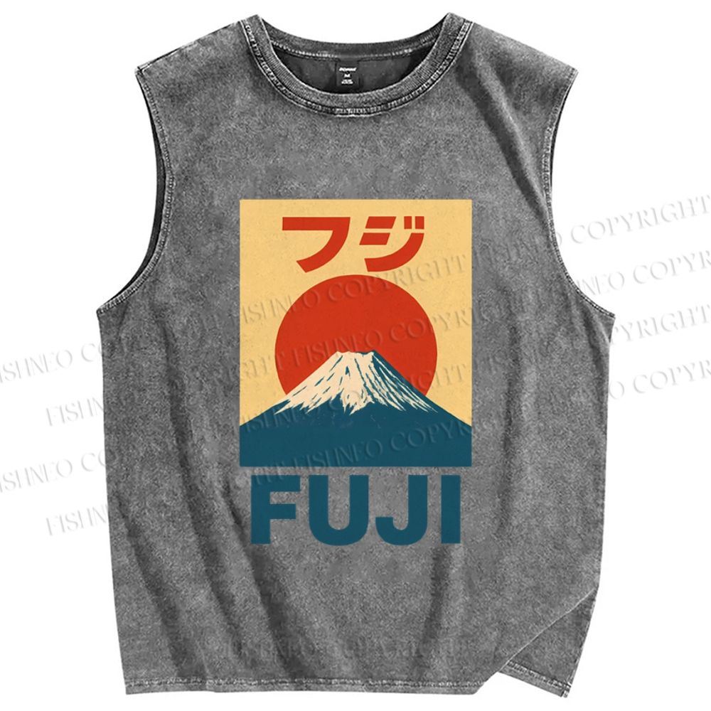 Unisex Vintage Japanese Mount Fuji Printed Washed Tank Top