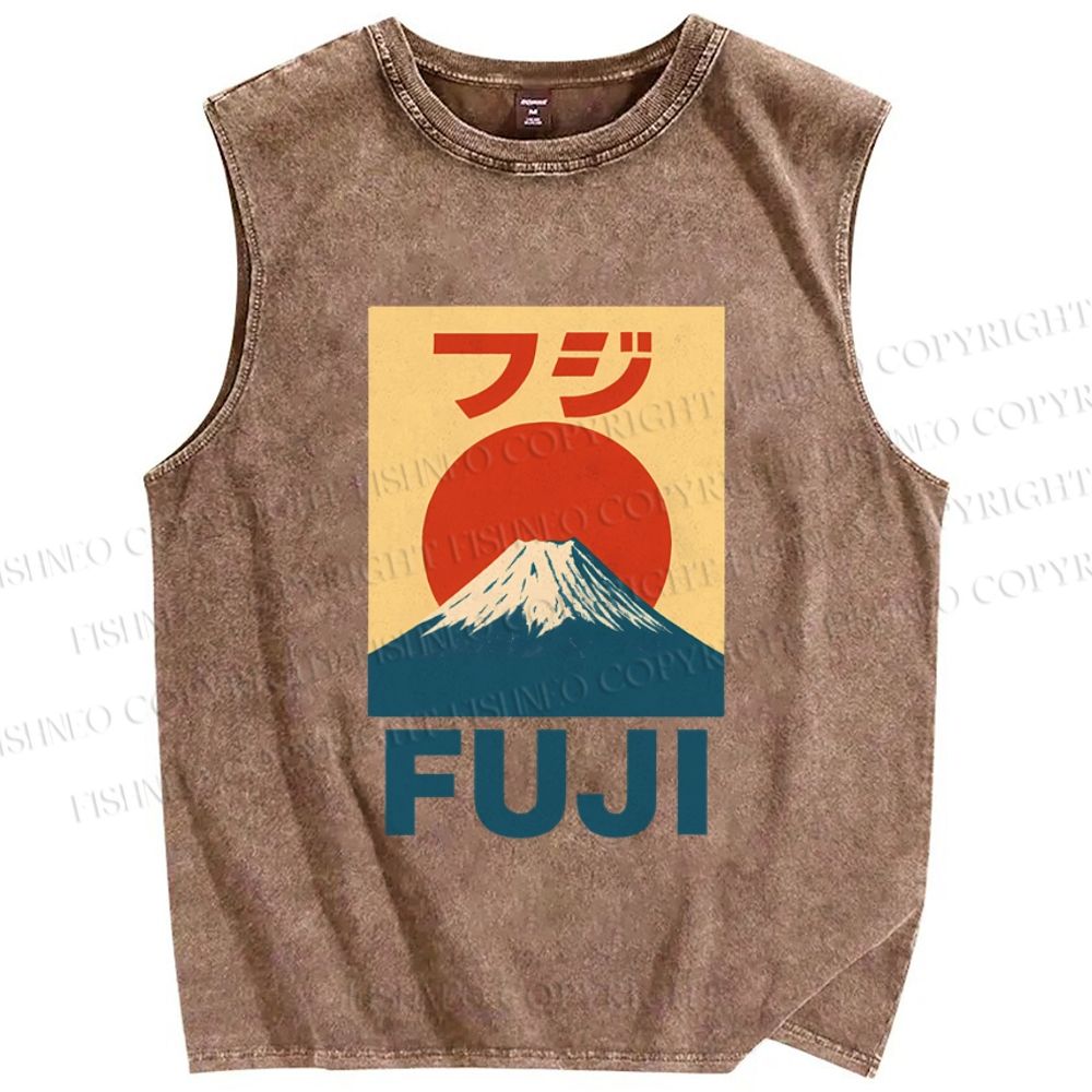 Unisex Vintage Japanese Mount Fuji Printed Washed Tank Top