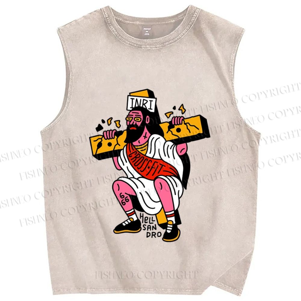 Unisex Old School Jesus Printed Washed Tank Top