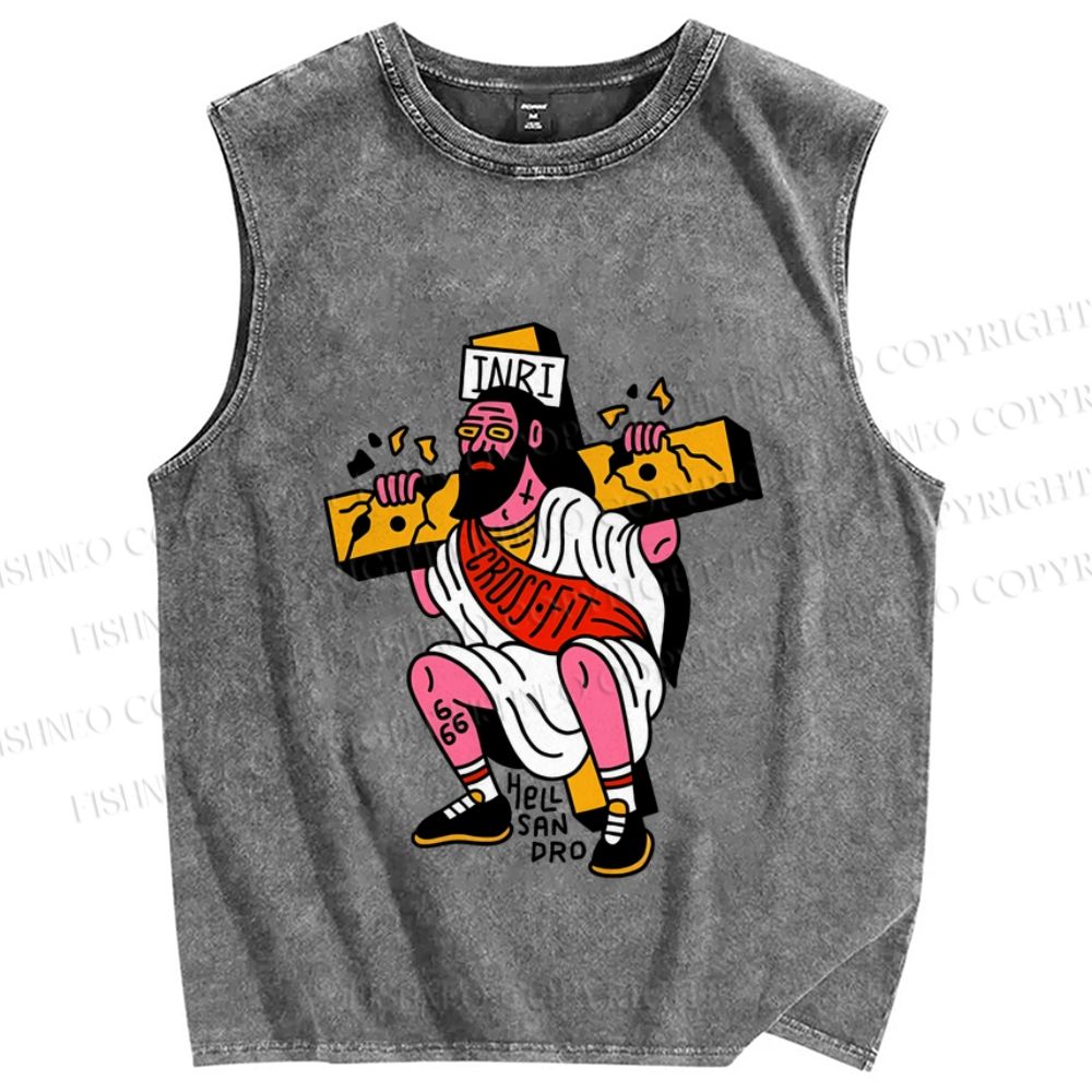 Unisex Old School Jesus Printed Washed Tank Top
