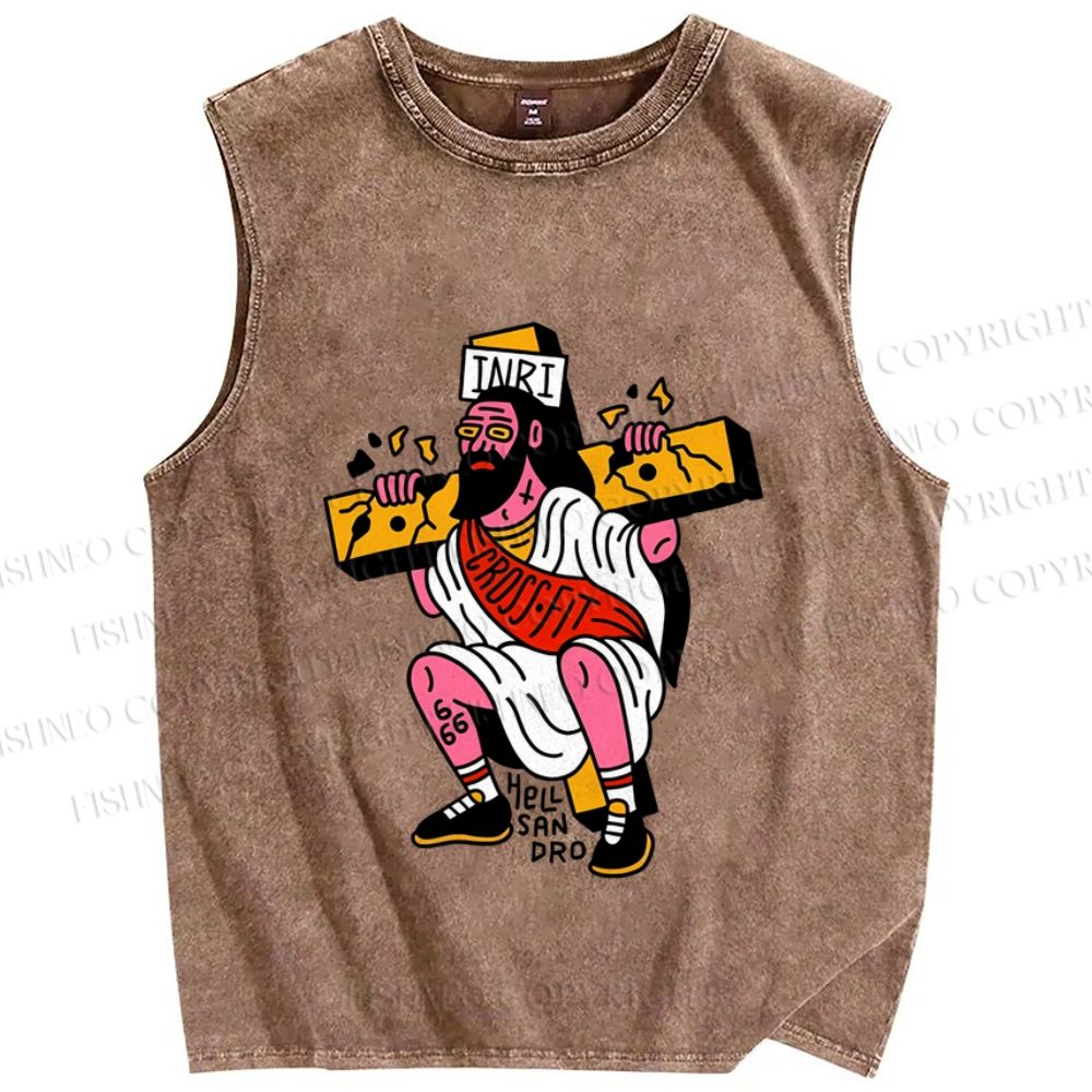 Unisex Old School Jesus Printed Washed Tank Top