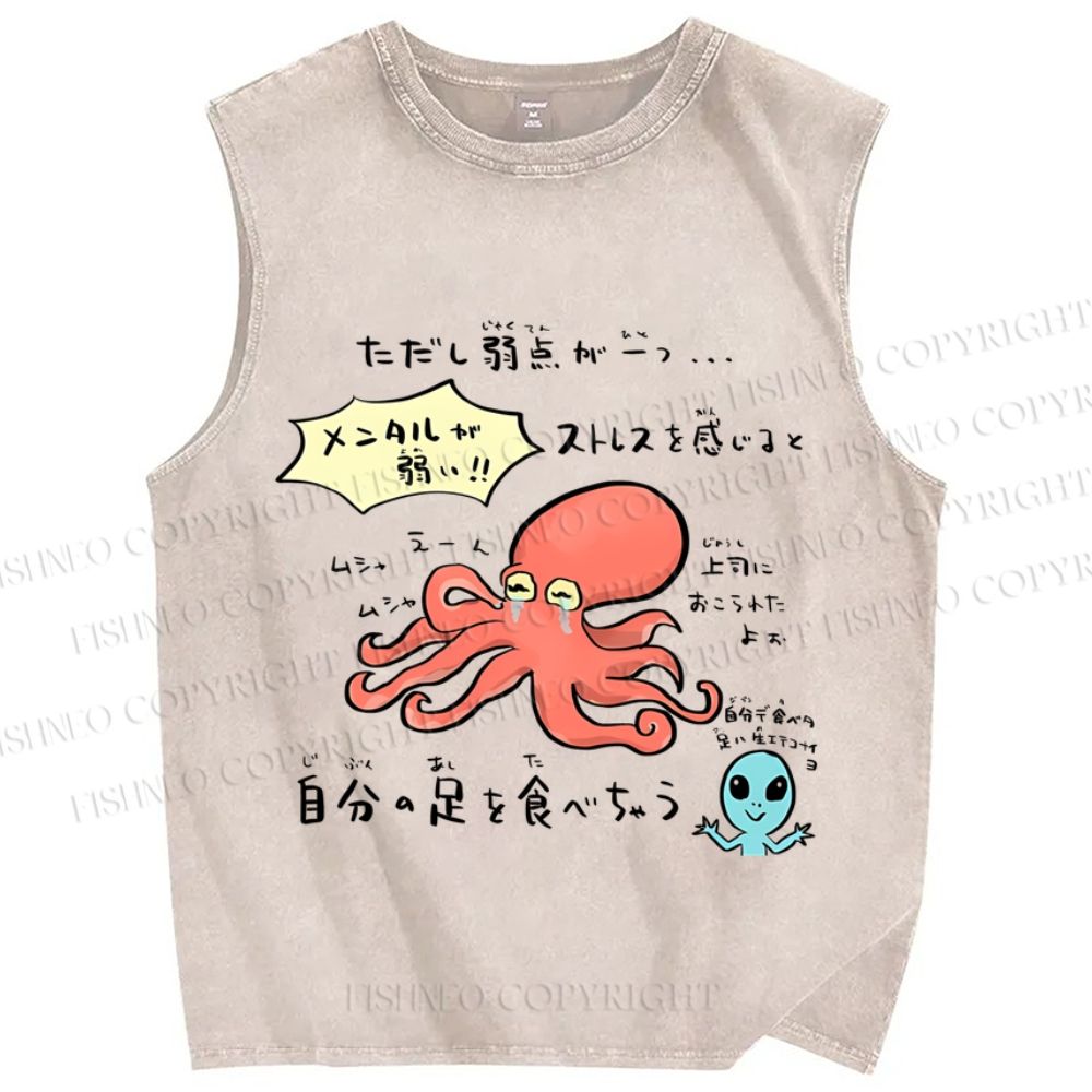 Unisex Japanese Octopus Graffiti Printed Washed Tank Top