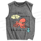 Unisex Japanese Octopus Graffiti Printed Washed Tank Top