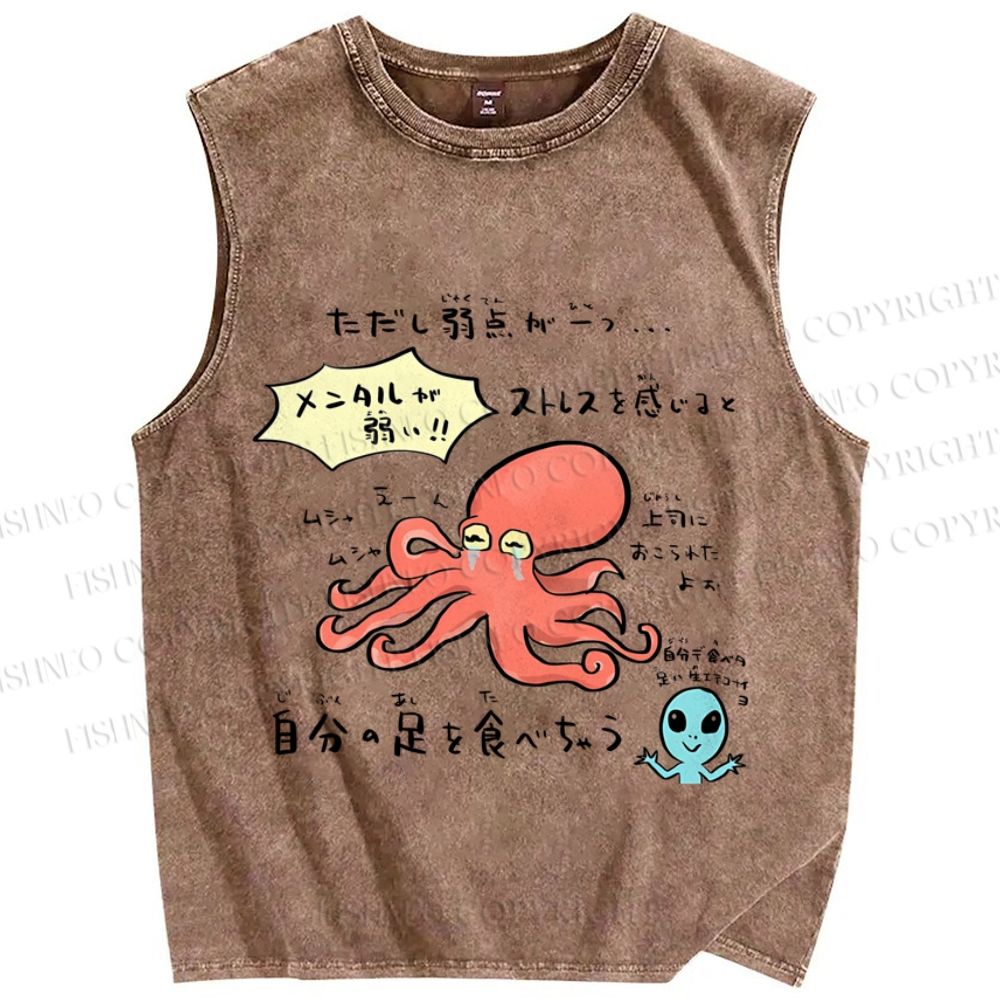 Unisex Japanese Octopus Graffiti Printed Washed Tank Top