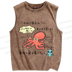Unisex Japanese Octopus Graffiti Printed Washed Tank Top