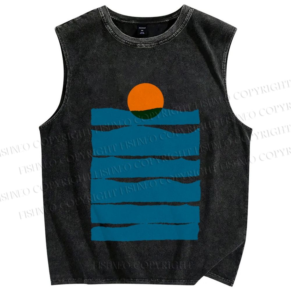 Unisex Sea Wave Sunset Printed Washed Tank Top