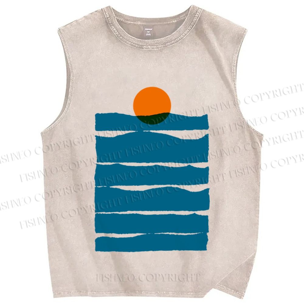Unisex Sea Wave Sunset Printed Washed Tank Top