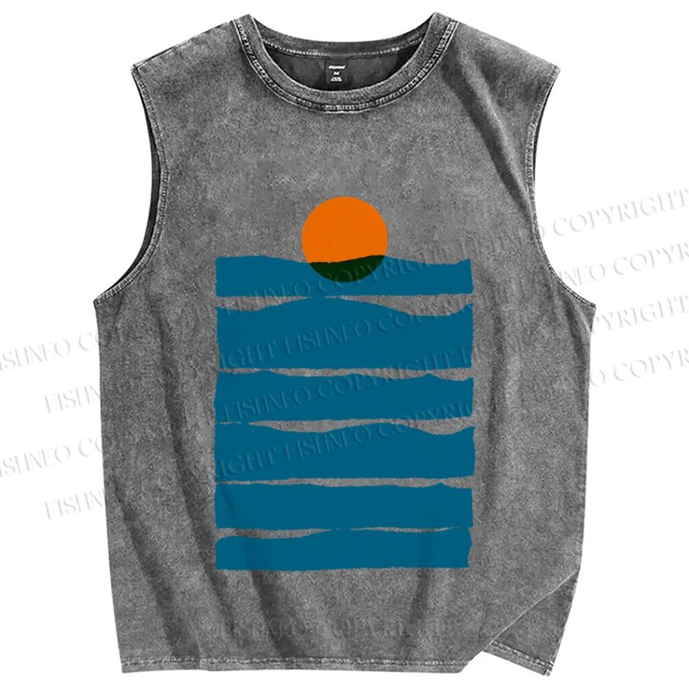 Unisex Sea Wave Sunset Printed Washed Tank Top