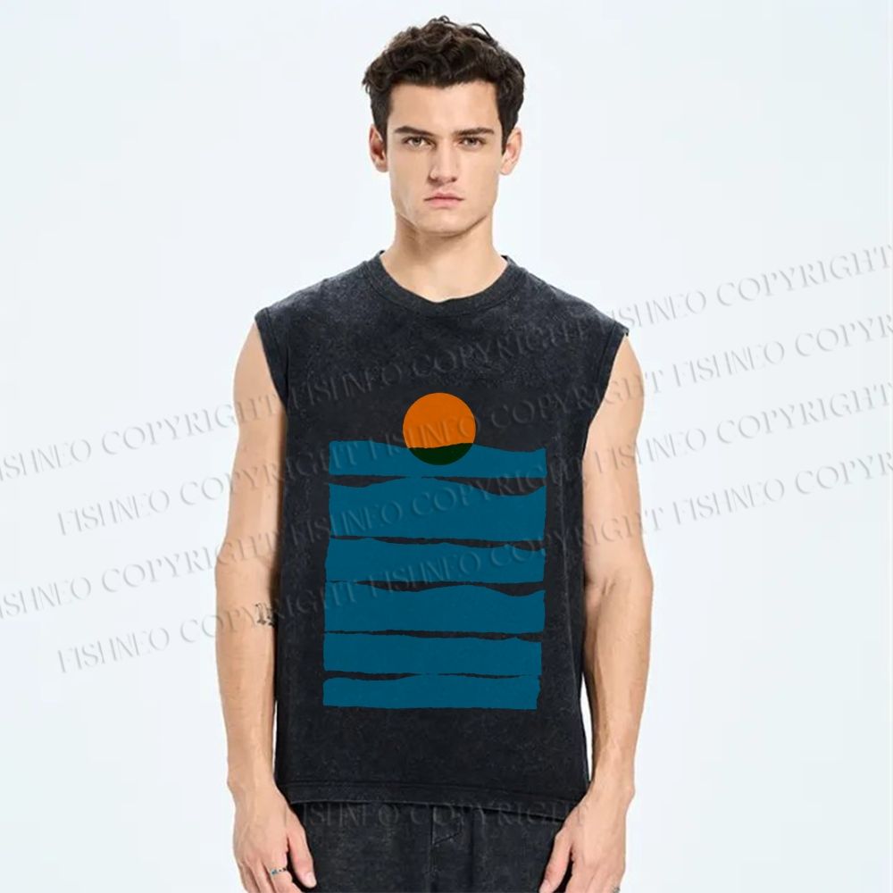 Unisex Sea Wave Sunset Printed Washed Tank Top