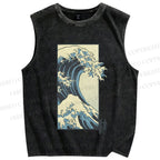 Unisex Japanese Art Wave Printed Washed Tank Top