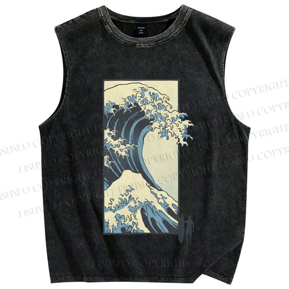 Unisex Japanese Art Wave Printed Washed Tank Top