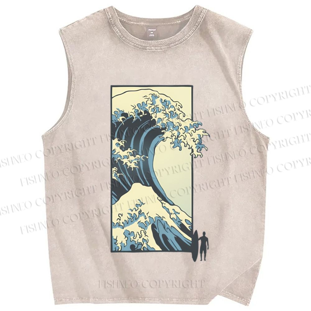 Unisex Japanese Art Wave Printed Washed Tank Top