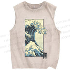 Unisex Japanese Art Wave Printed Washed Tank Top