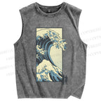 Unisex Japanese Art Wave Printed Washed Tank Top